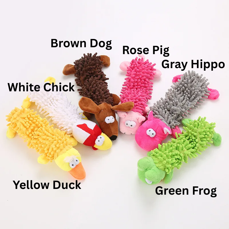 Set of colorful dog chew toys with labels of animal names on a white background