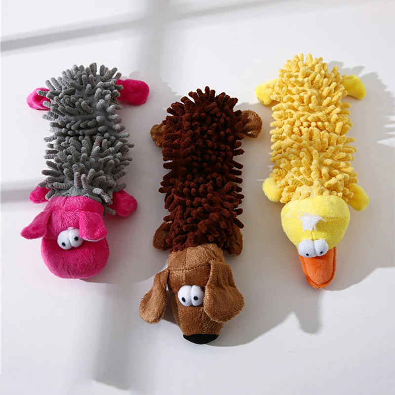Three colorful dog chew toys shaped like animals on a white background