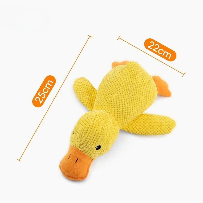 Yellow plush duck toy with measurements on a white background