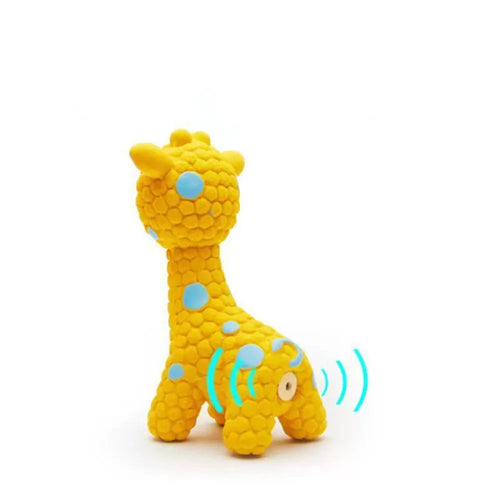 Yellow giraffe dog chew toy with blue spots on a white background featuring a built-in squeaker