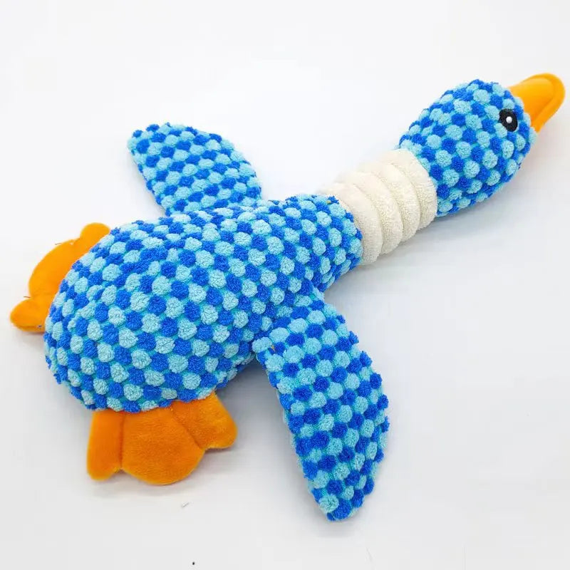 Blue goose shaped chew toy on a white background
