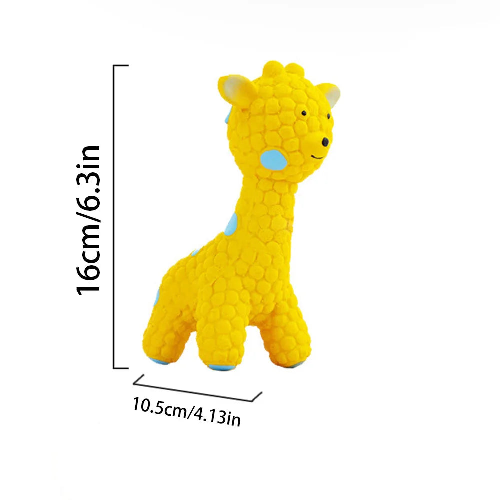 Yellow giraffe-shaped dog chew toy with measurements on a white background