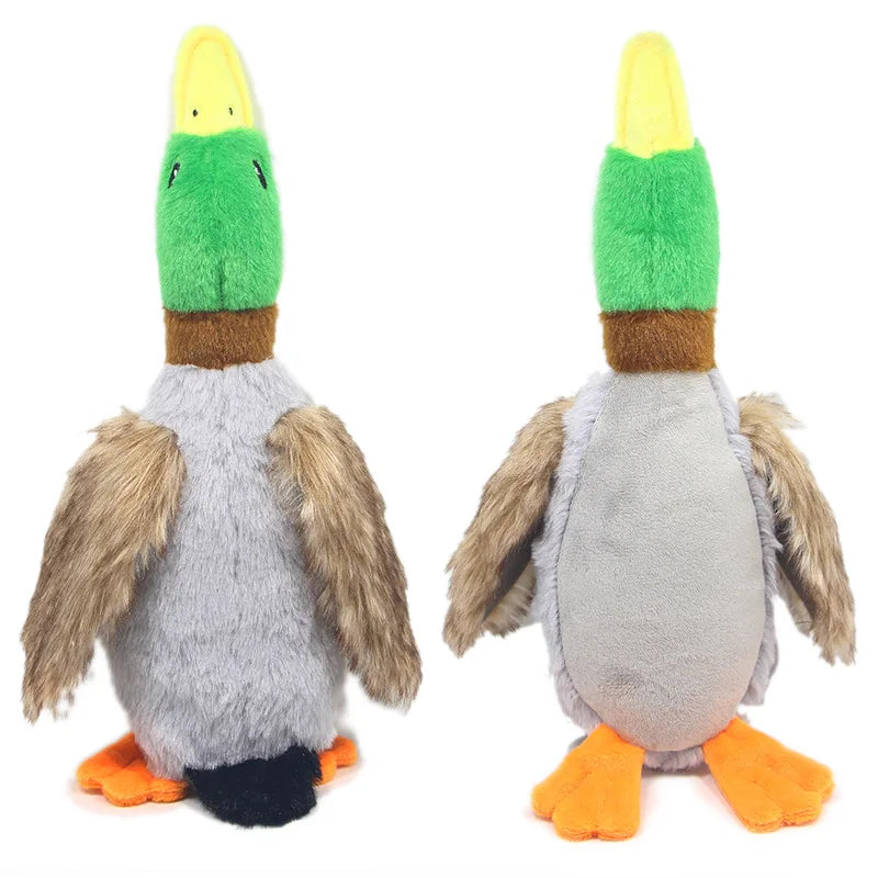 Two plush hunting duck toys with green heads, gray bodies, and orange feet on a white background.