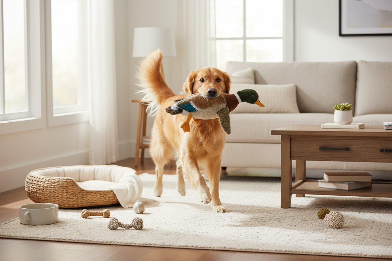 An adorable golden retriever joyfully playing with a plush toy in a bright, cozy living room. The golden retriever has a fluffy coat, a friendly expression, and is in mid-action, happily holding the hunting duck plushy in its paws or mouth. The background is warm and inviting, with soft, neutral tones and pet accessories subtly placed around the room. The scene radiates fun, warmth, and a sense of comfort, perfect for a welcoming pet store homepage.